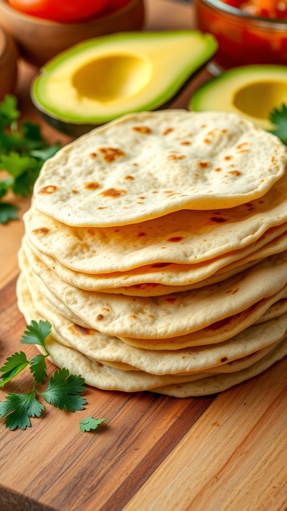 A stack of warm natural tortillas on a wooden board with fresh ingredients for tacos.